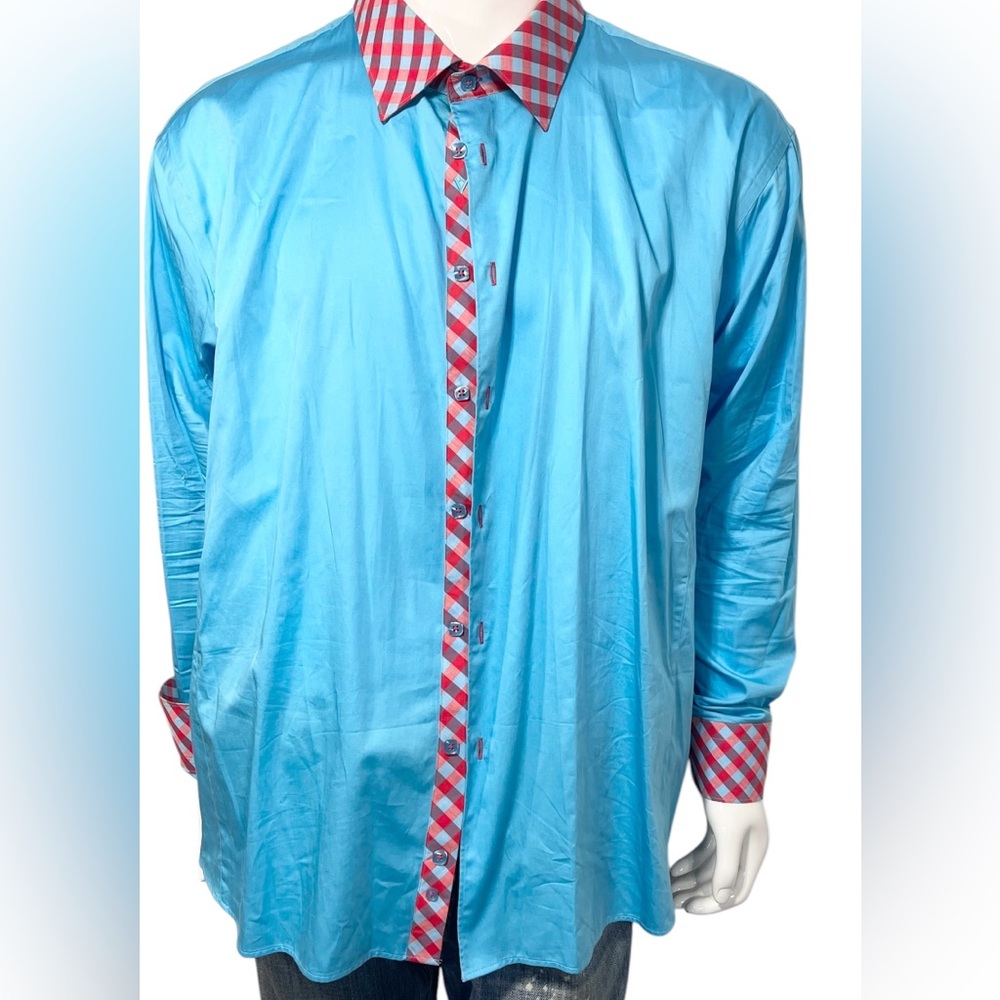 VALENTI Italy Light Blue with Red Collar, Elbow, Flip Cuff
Long Sleeve Button Up